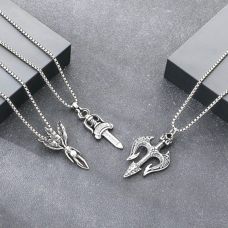 Poseidon Three-Pronged Dry Pendant, Retro Magic Mandela Grass Sword Titanium Steel Men's Pendant Necklace