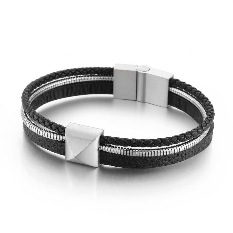 Planderful Titanium Steel Woven Cowhide Bracelet For Men