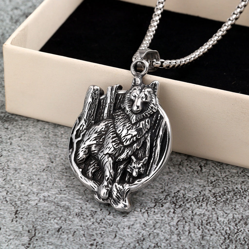 Vintage Viking Wolf Stainless Steel Men's Pendant Necklace