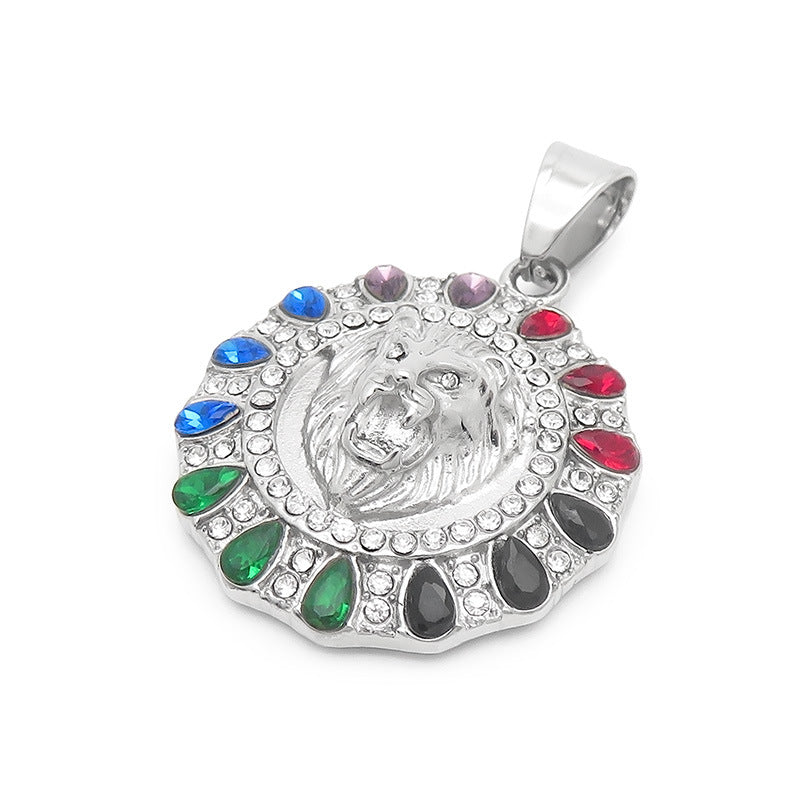 Hip Hop Zircon Lion Head Stainless Steel Pendant for Men - European & American Electroplated Jewelry