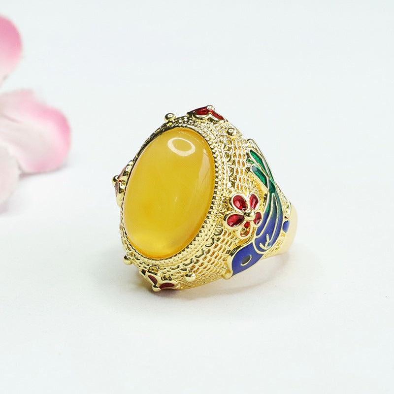 Vintage Wide Retro Amber Beeswax Sterling Silver Pigeon Egg Flower Bird Ring