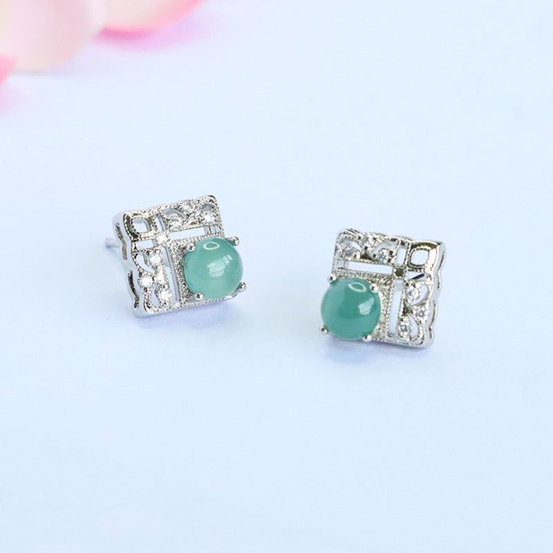 Blue-Water Jadeite Window Motif Stud Earrings