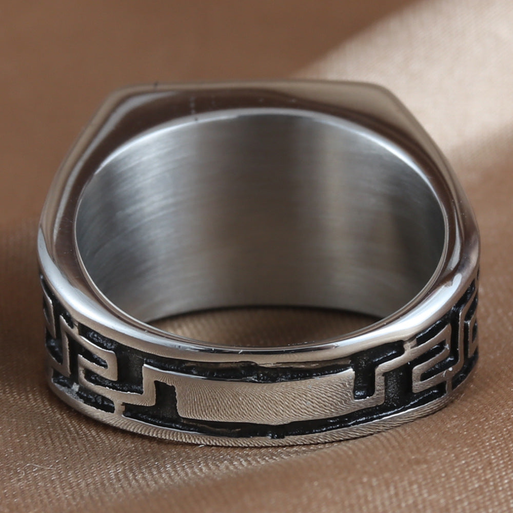 Titanium Steel Great Wall Totem Ring - Retro Trendy Punk Style for Men with Black Stone Accent