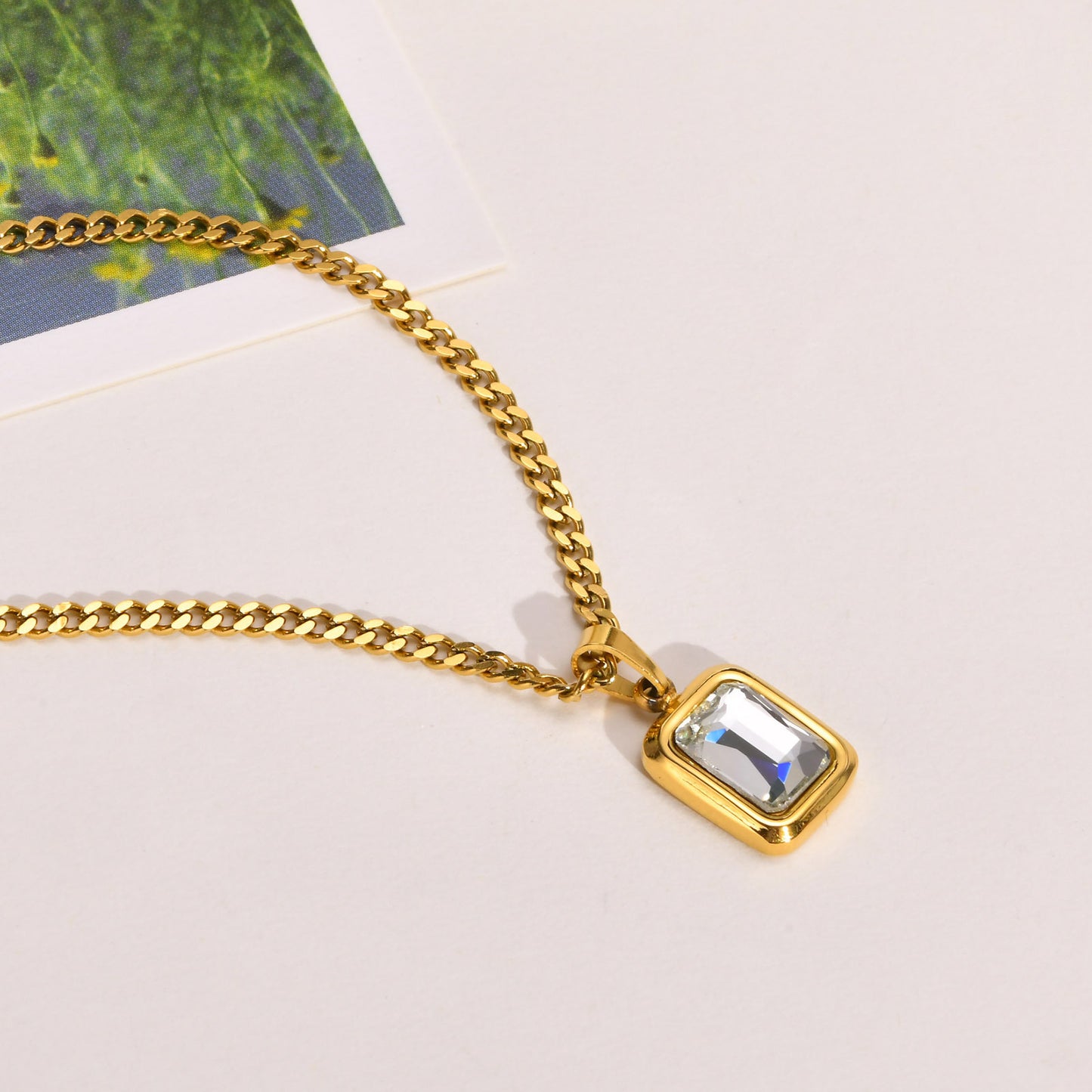 Necklace Stainless Steel White Zircon Green Zircon Gold Lady