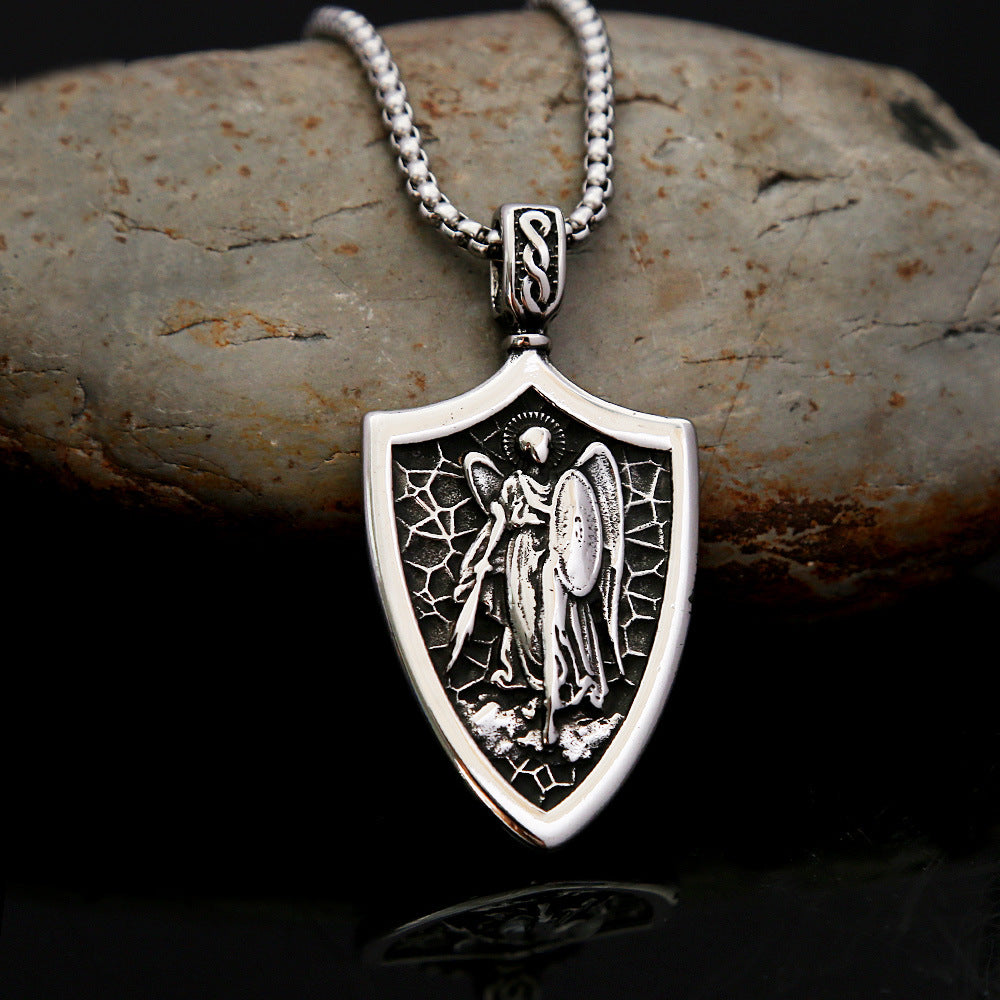Vintage St. Michael Angel Stainless Steel Men's Pendant Necklace