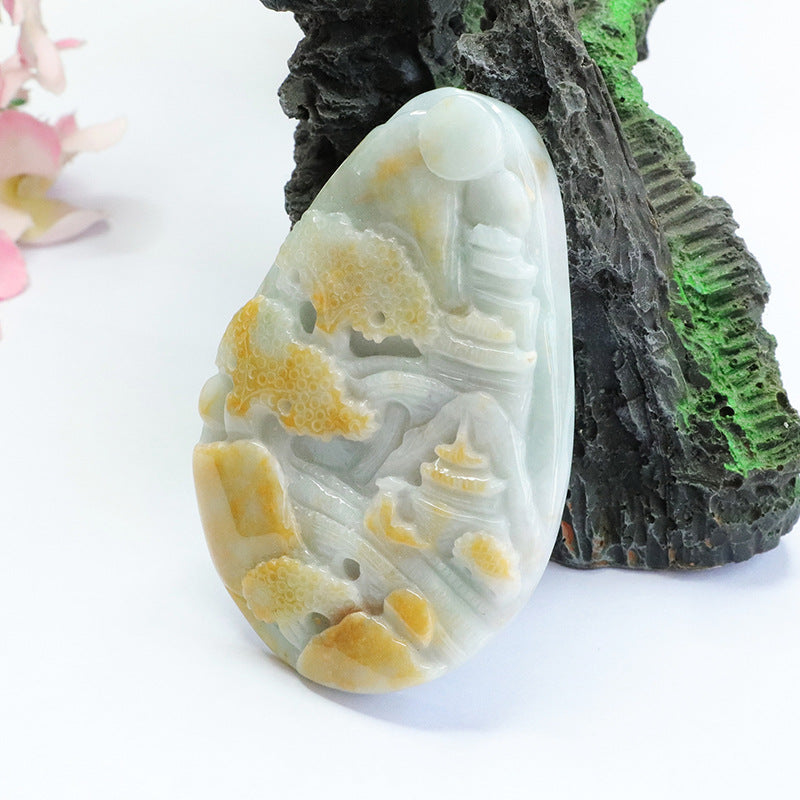 Myanmar Jade Landscape Sculptured Pendant with Sterling Silver Needle