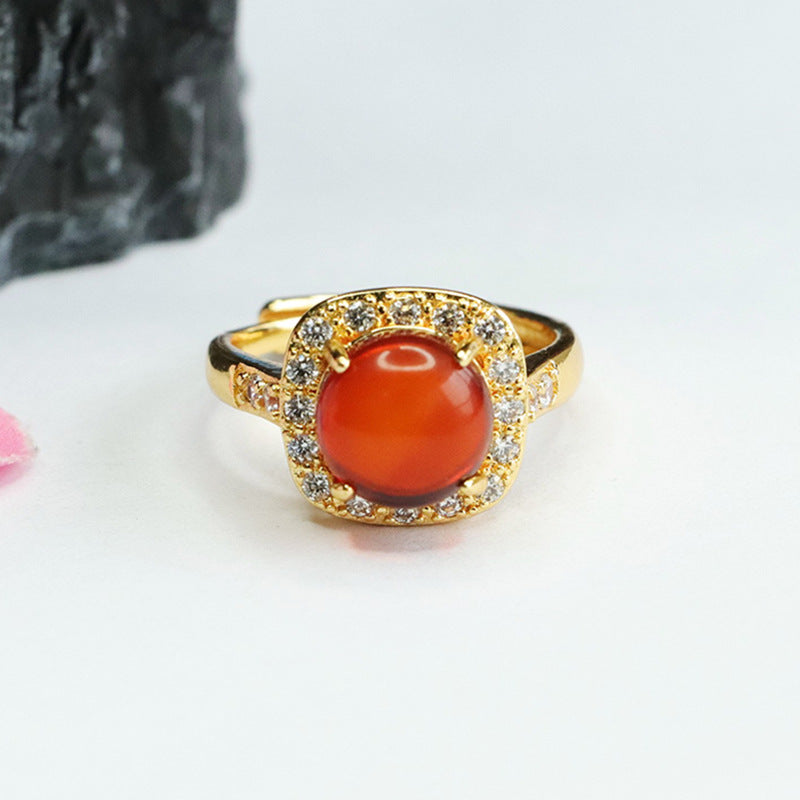 Round Blood Amber Ring with Zircon Halo Jewelry