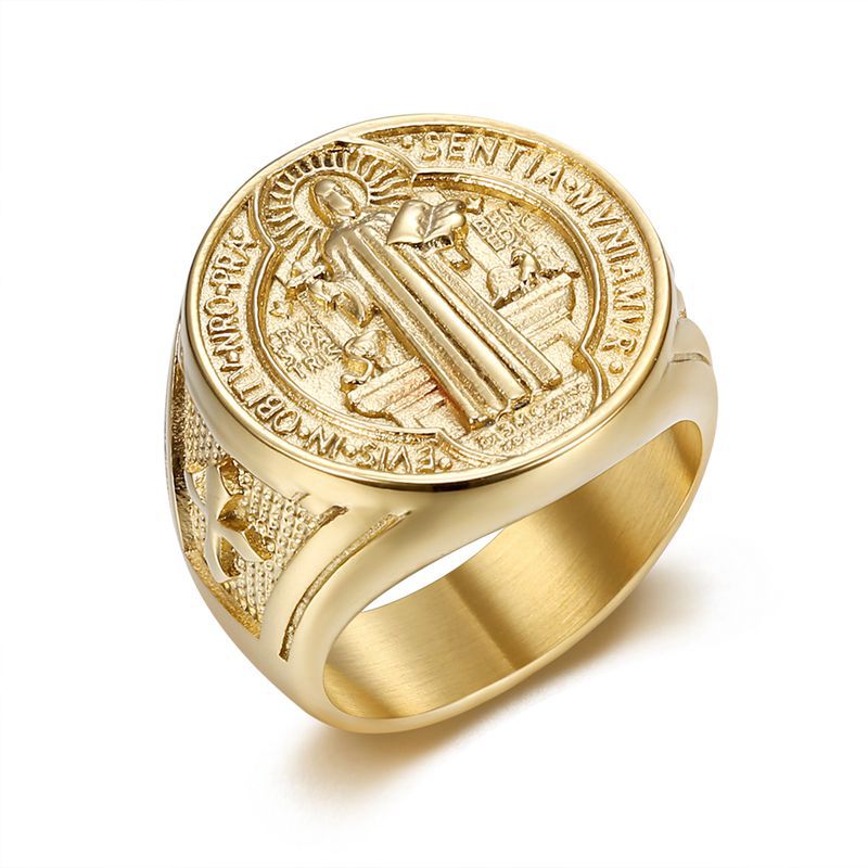 Planderful Saint Benedict Ring For Men Stainless Steel Gold Plated Hip Hop Jewelry Durable Statement