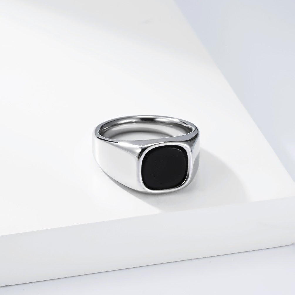 Planderful Stainless Steel Ring Black Stone Detail Unisex Jewelry Bold Everyday Genie