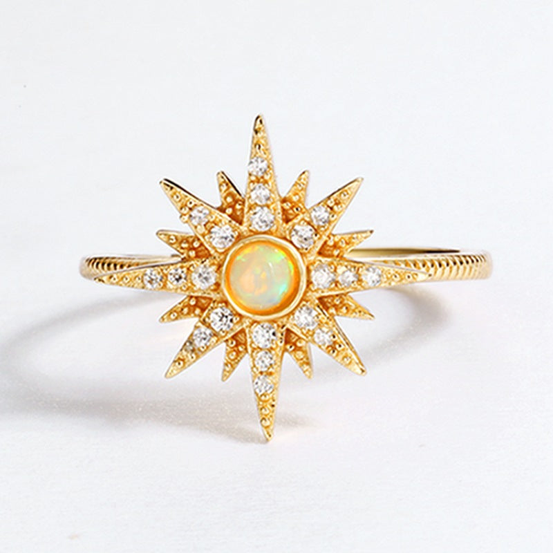 Round Opal Zircon Sun Opening Sterling Silver Ring