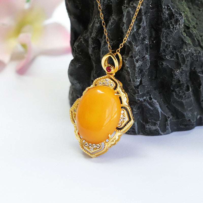 S925 Sterling Silver Oval Beeswax Pendant Necklace with Hollow Petal Zircon Jewelry