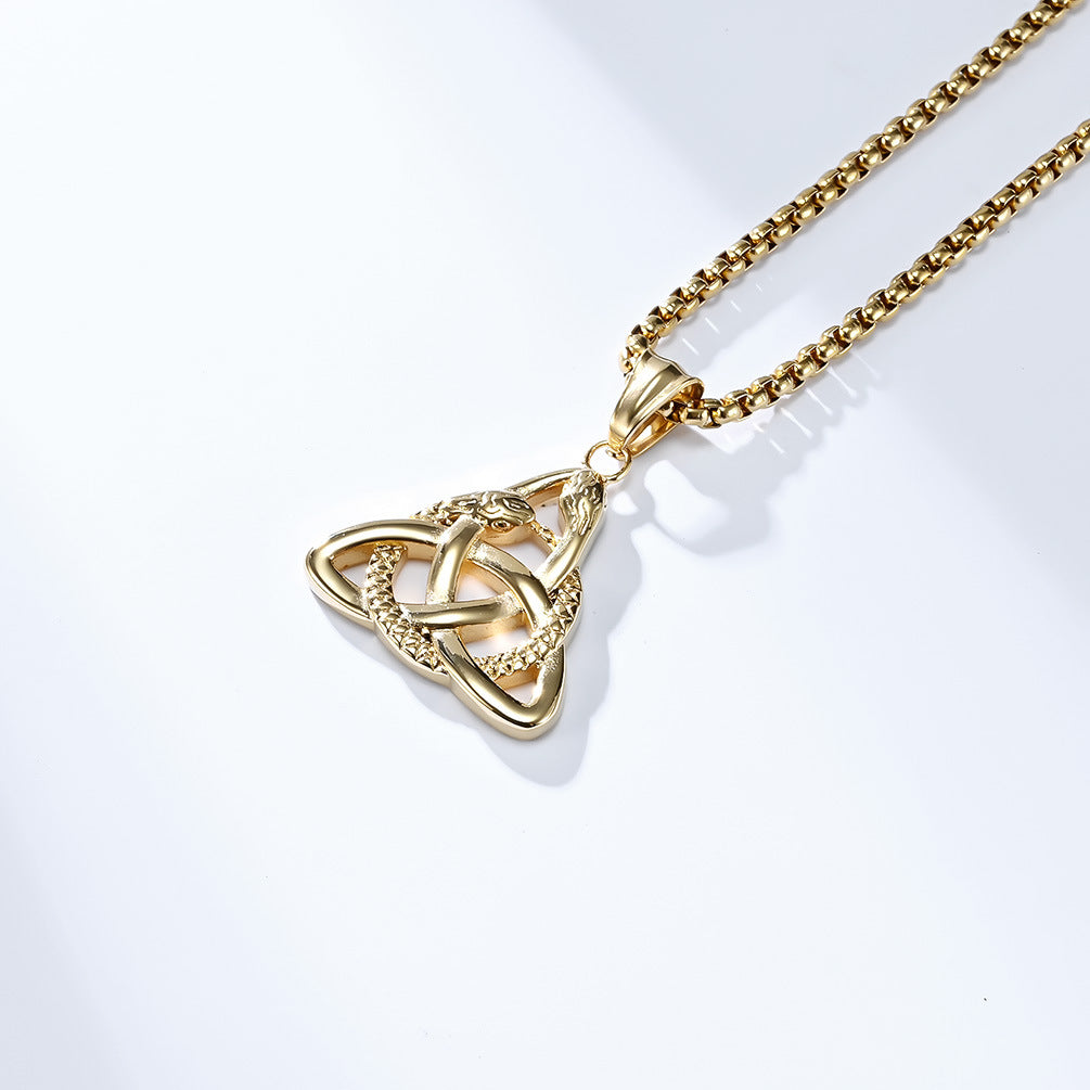 Planderful Viking Double Headed Snake Triangle Knot Necklace For Men Durable Titanium Steel Eternal Knot Pendant
