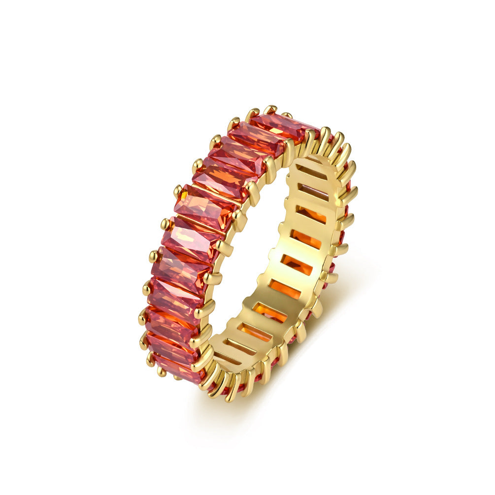 Stainless Steel Claws Rectangular Zircon Full Zircon Ring Women's Gold-Plated