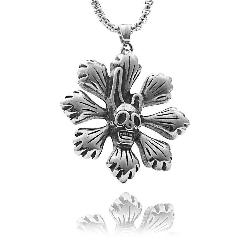 Personalized Punk Skull and Flower Pendant Necklace in Titanium Steel for Men