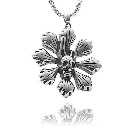 Personalized Punk Skull and Flower Pendant Necklace in Titanium Steel for Men