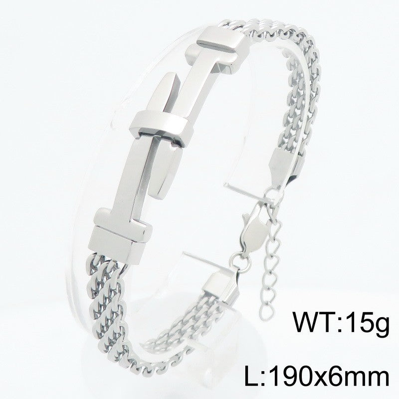 Style Buckle With Extension Chain Bracelet – Cross Curved Bar Mesh Chain Stainless Steel