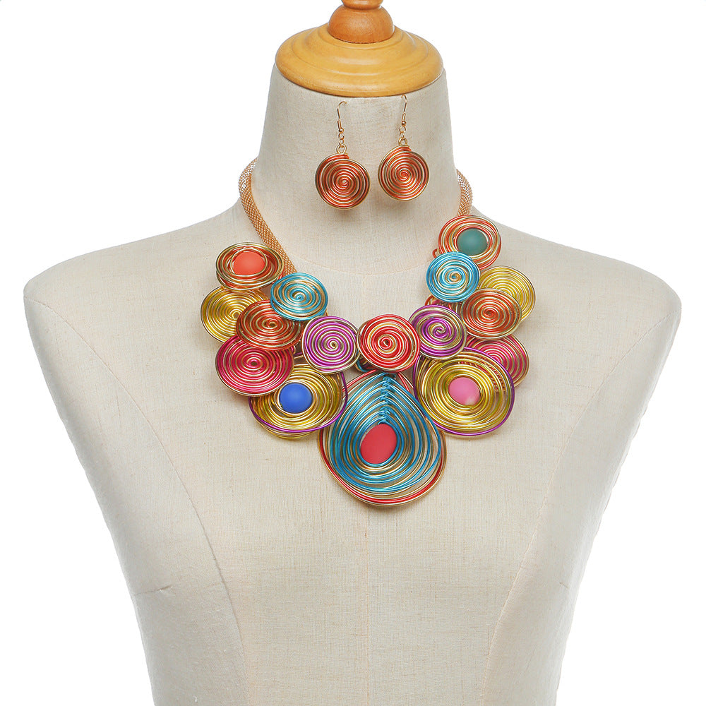 Exaggerated Aluminum Wire Statement Necklace Set with Sweater Chain by Planderful - Savanna Rhythms Collection