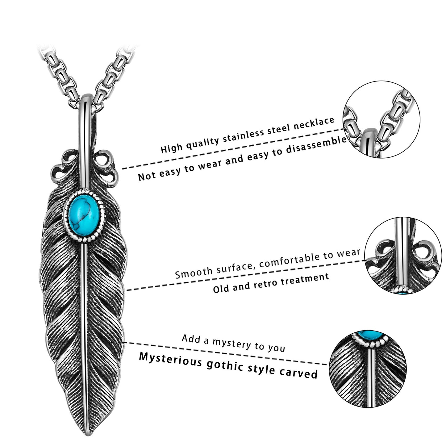 Steel Necklace – Vintage Feather Turquoise Pendant