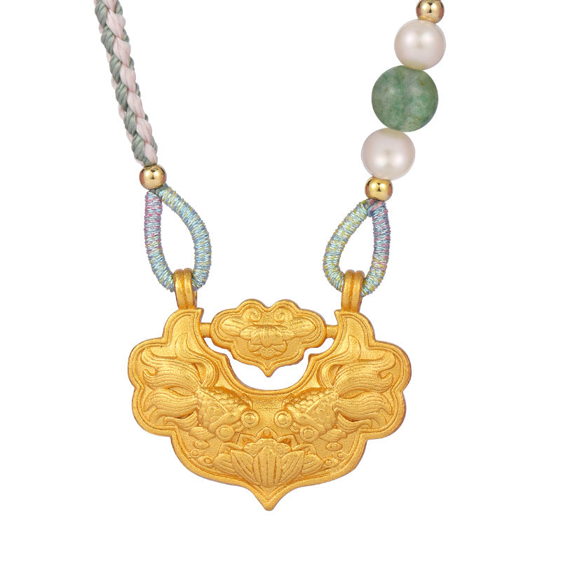 Red Rope Necklace with Crystal, Pearl, and Lotus Pendant