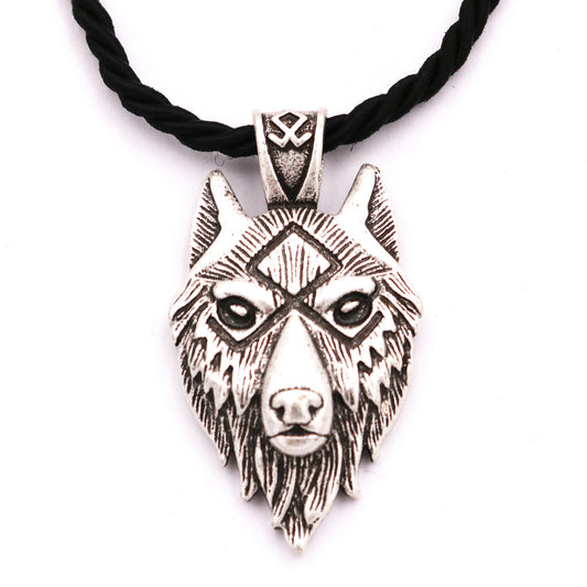 Viking Wolf Head Metal Necklace with Runa Rune Talisman Pendant - Norse Legacy Collection