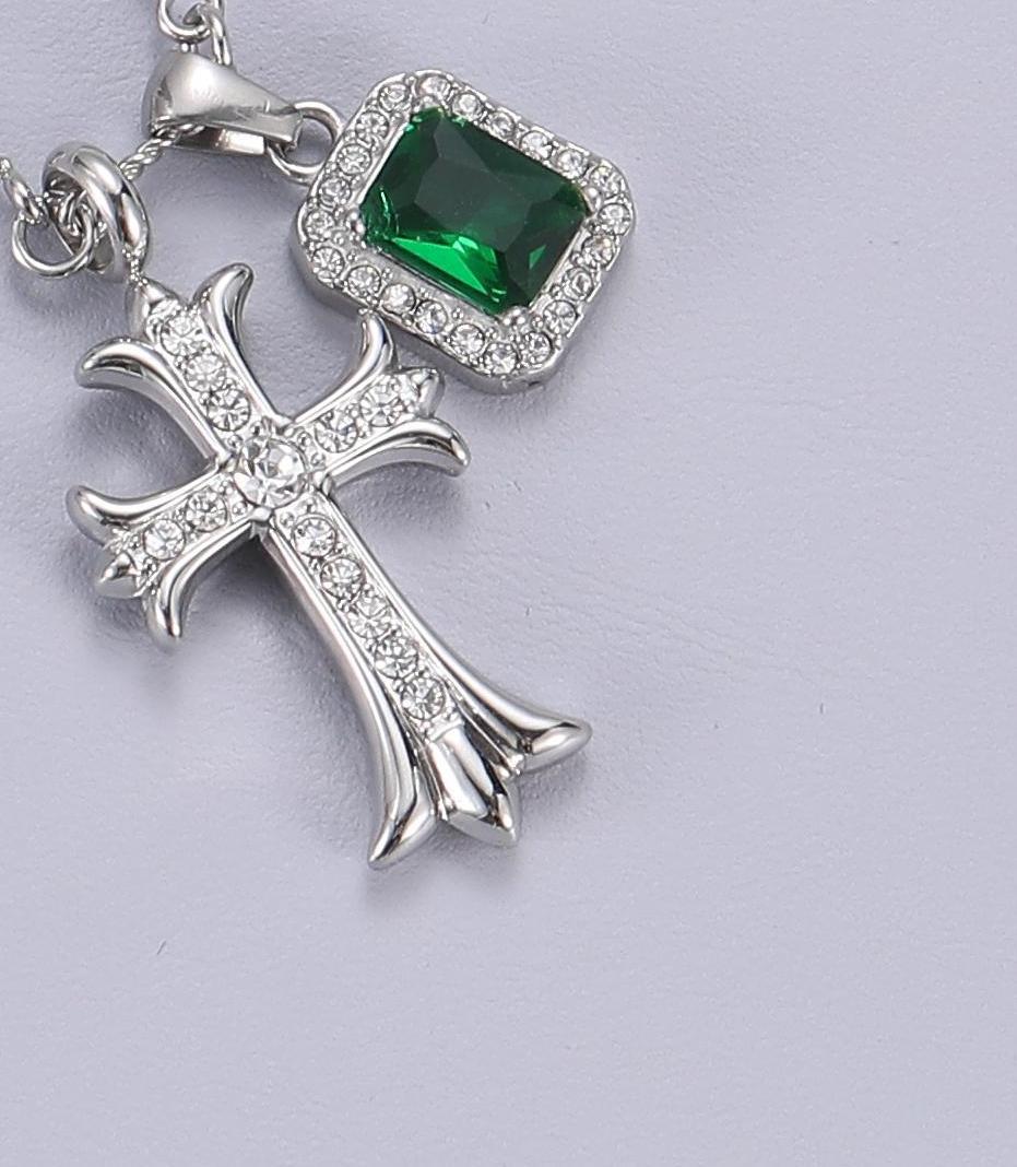 Planderful Jewelry Emerald Zircon Cross Necklace For Men And Women In Titanium Steel Hip Hop Chain