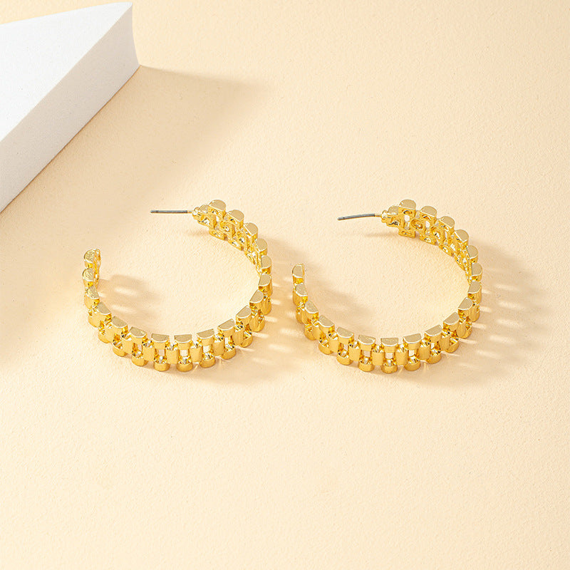 Dazzling Vienna Verve Metal C-Shaped Earrings with Watch Chain Accent