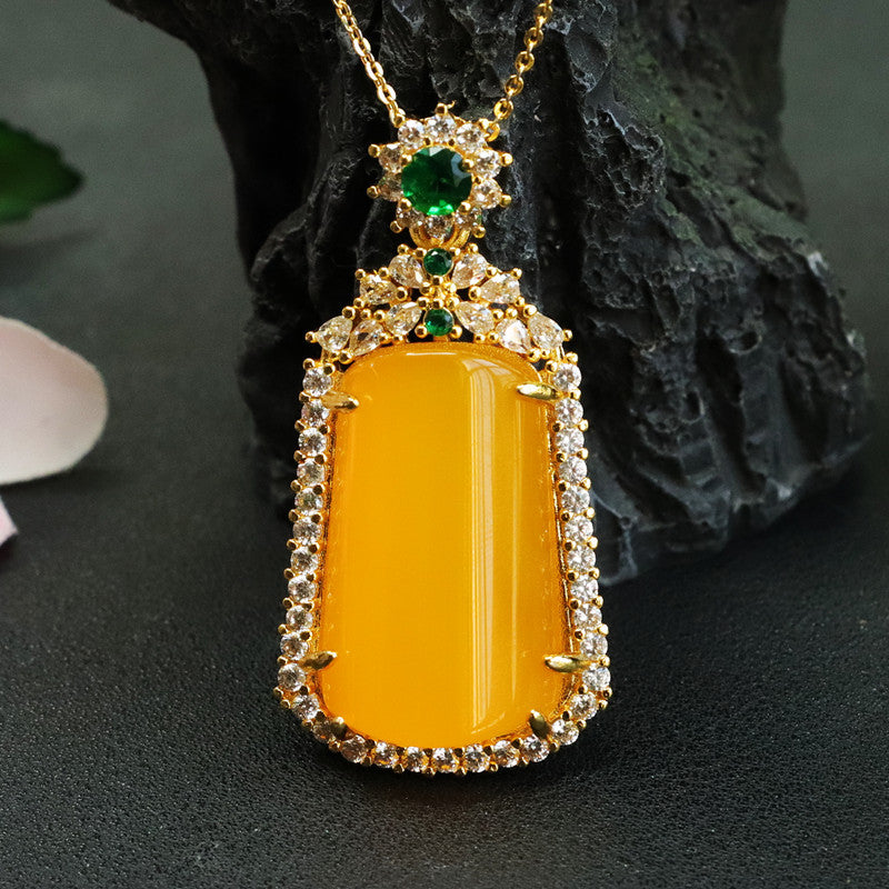 Golden Necklace with Yellow Chalcedony Pendant and Zircon Jewelry