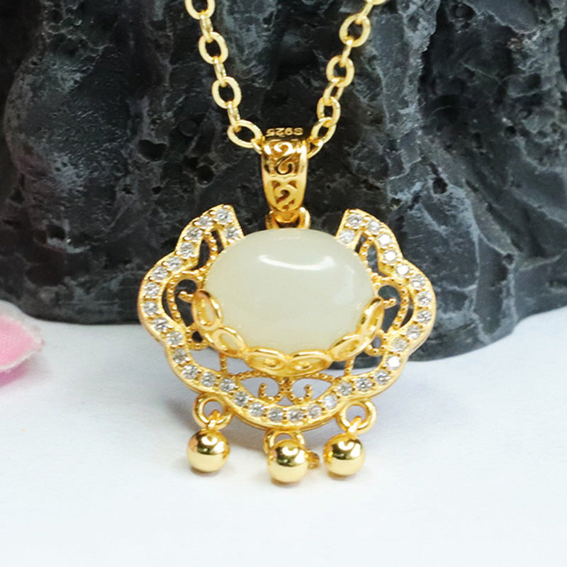 Sterling Silver Hetian Jade Pendant with Zircon Ruyi Lock Necklace