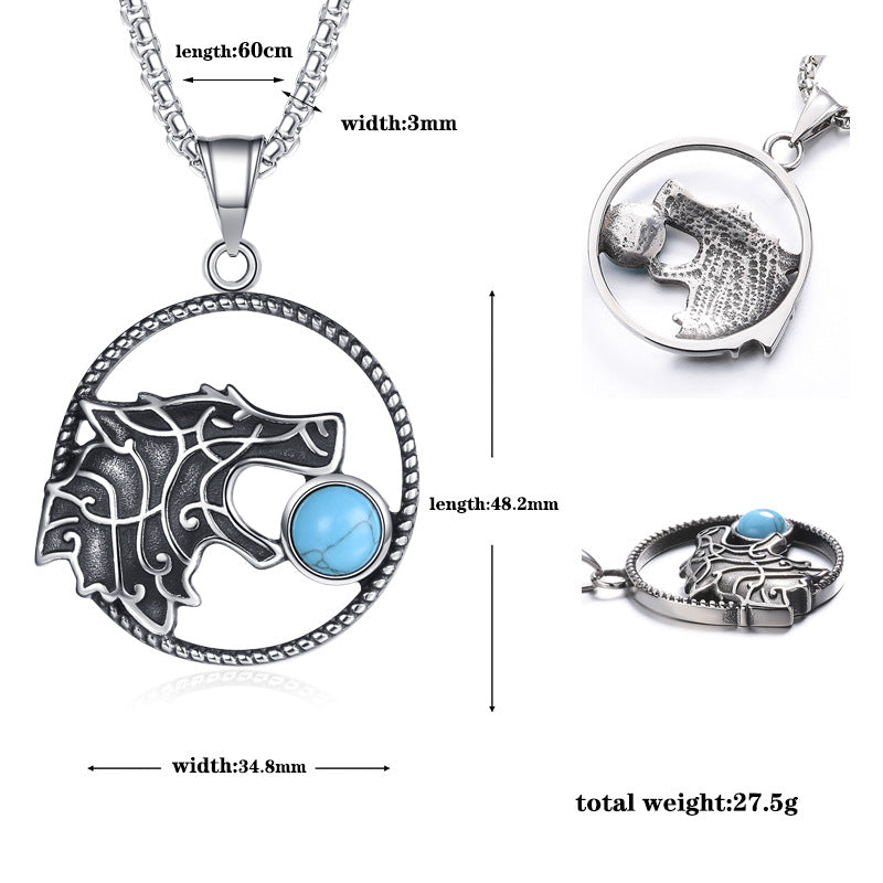 Turquoise Necklace - Statement Norse Wolf Moon Pendant