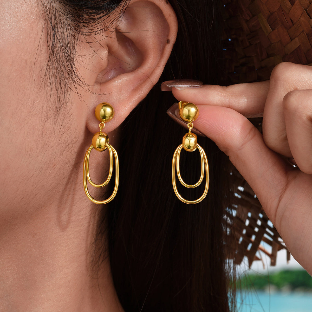 Gold-Tone Double Oval Link Drop Earrings