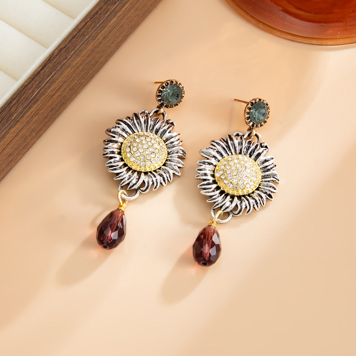Planderful Medieval Style Earrings Handmade Turquoise Gem Pendant Flower Ethnic Studs For Women Statement Jewelry