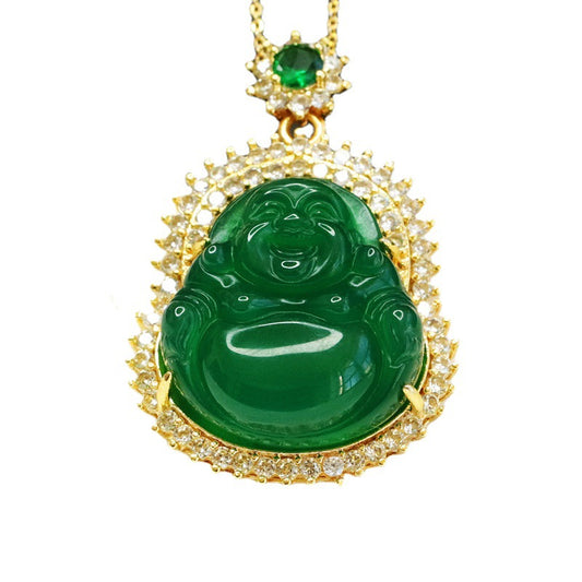 Green Chalcedony Buddha Pendant Sterling Silver Necklace with Zircon Accents