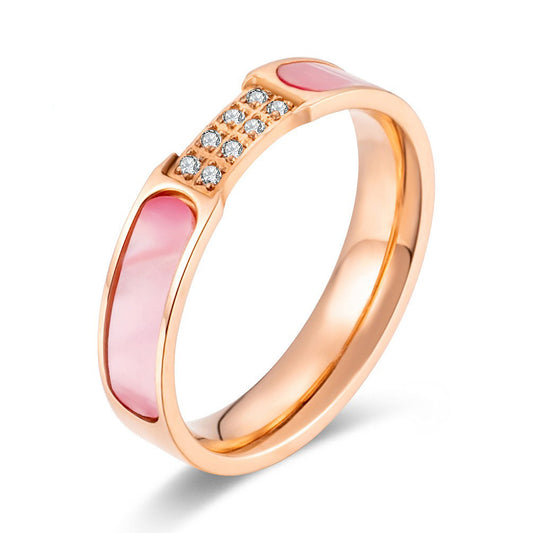 Stainless Steel Pink Shell Women's Ring – Rose Gold Zircon