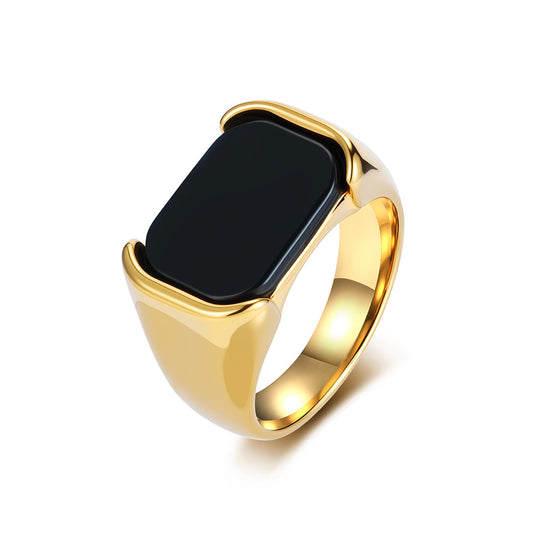 Planderful Glossy Black Gemstone Titanium Steel Ring For Everyday Wear Unisex Bold Minimal Jewelry Sizes 8 To 13