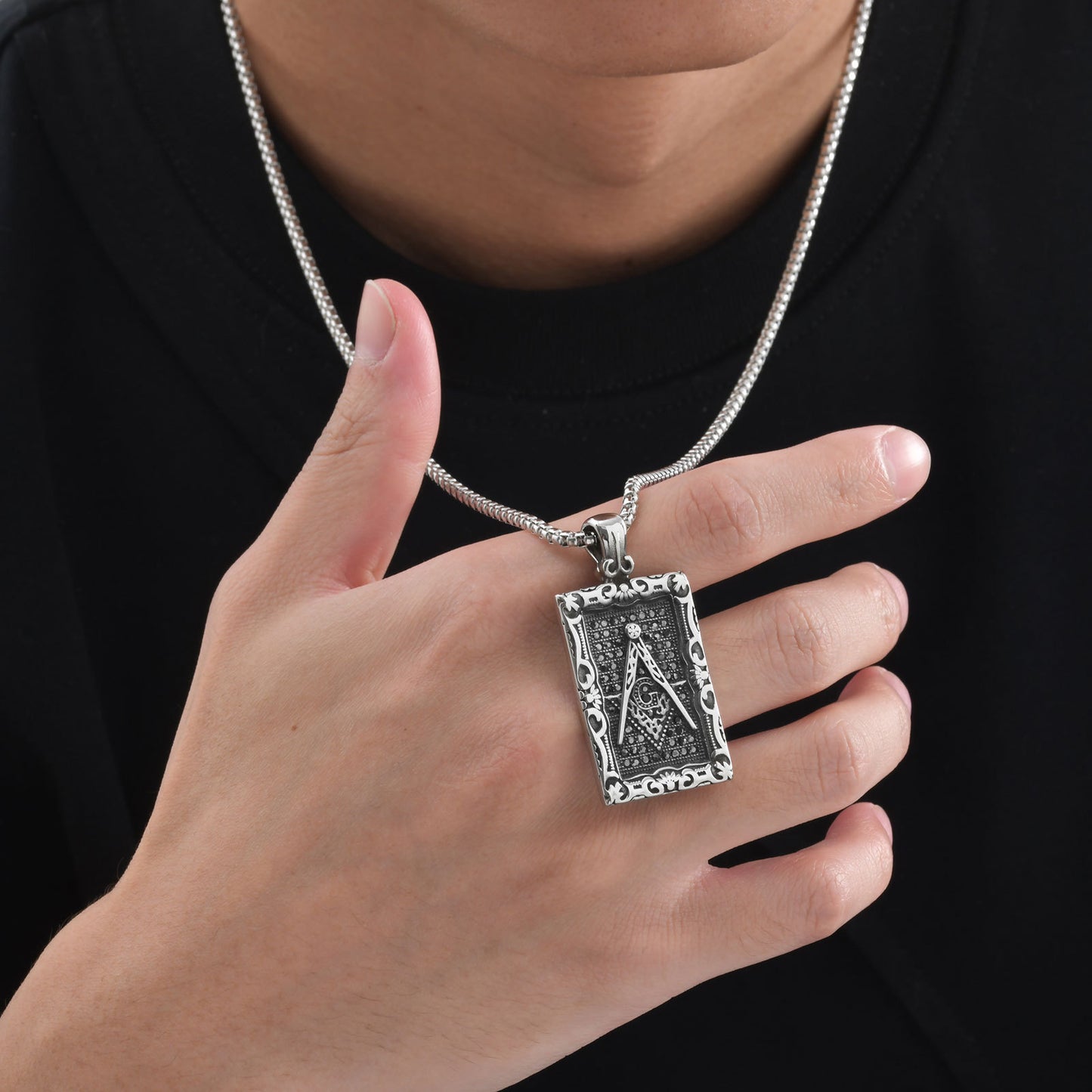 Titanium Steel Stainless Steel Freemasonry Square Tags Pendant Necklace