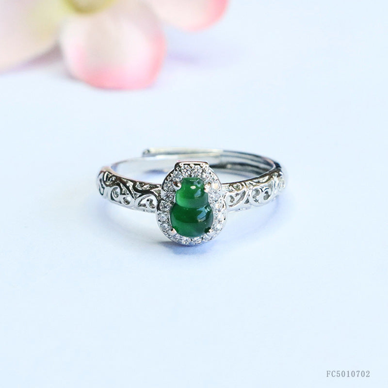 Green Jadeite Gourd Ruyi Openwork Ring