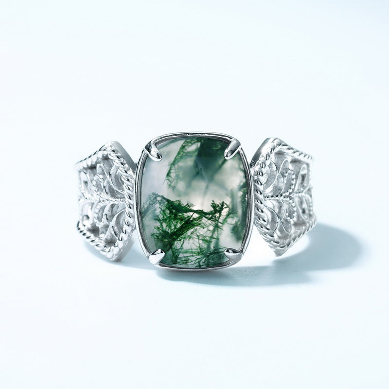 S925 Sterling Silver Moss Agate Adjustable Ring