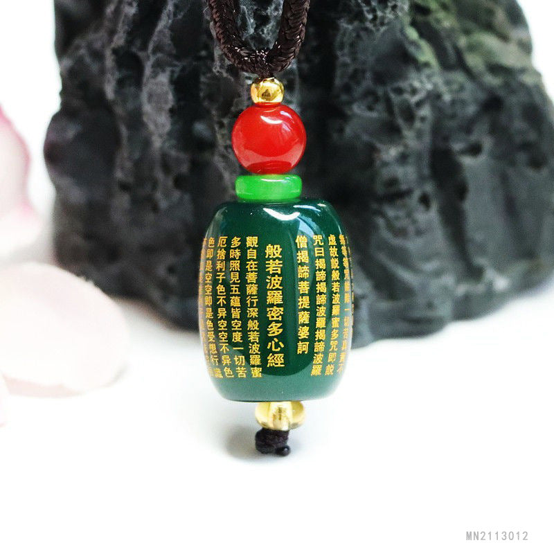 Green Agate Heart Sutra Barrel Pendant