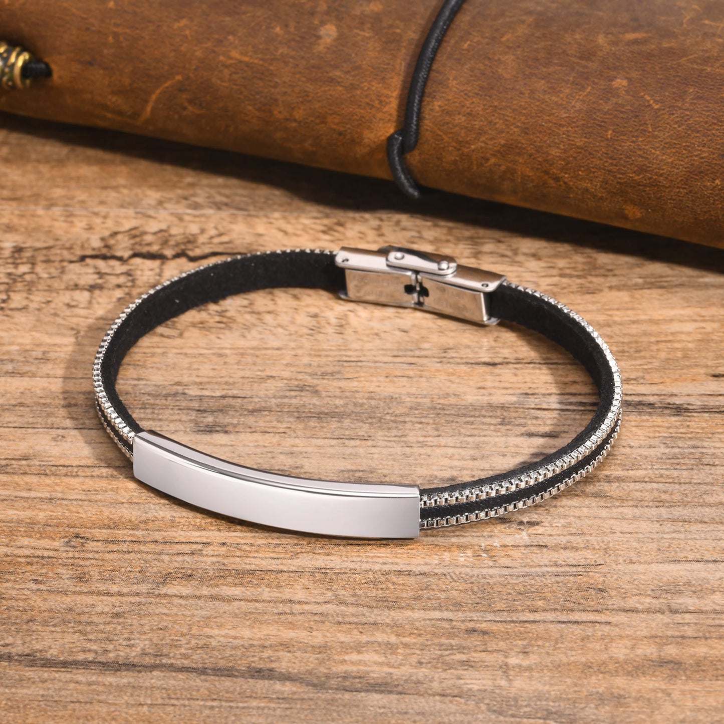 Stainless Steel Curved Box Chain PU Leather Bracelet Men's Accessories for Men