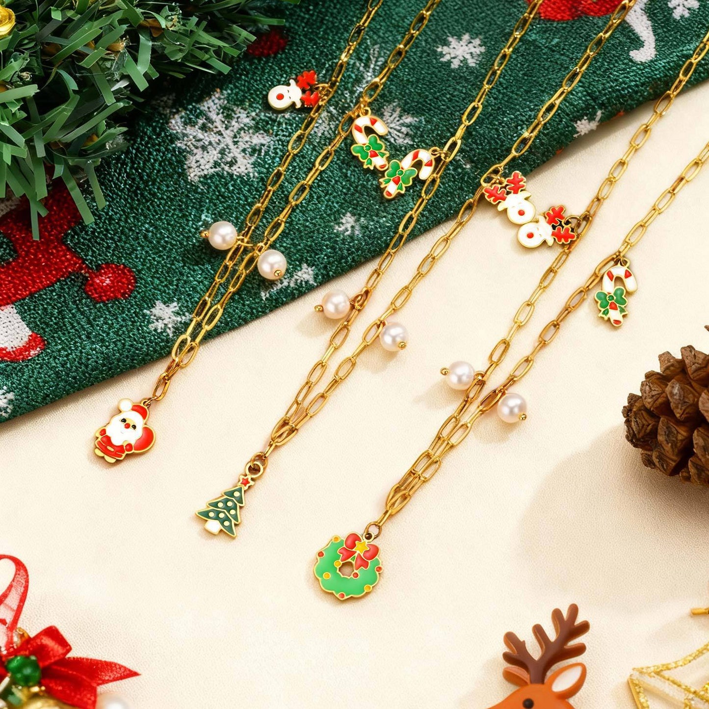 Stainless Steel Christmas Tree Cream Christmas Decorative Necklace