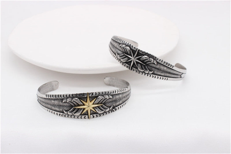 Titanium Steel Bracelet Unisex Bold Retro Feather Lion Star Design For Men And Women By Planderful Jewelry