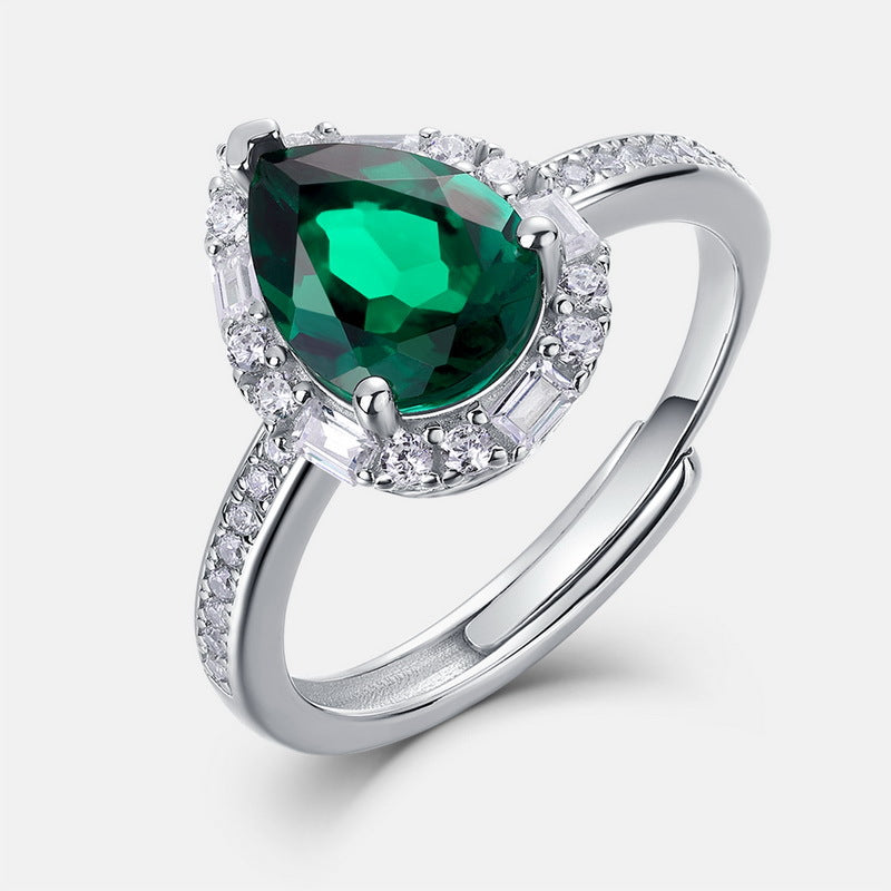 Planderful Jewelry Lab Grown Emerald Ring In Sterling Silver Pear Shape Halo Opening Adjustable