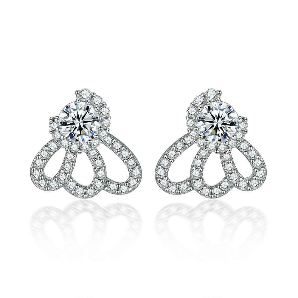 Hollow Fan Design Round Zircon Sterling Silver Stud Earrings