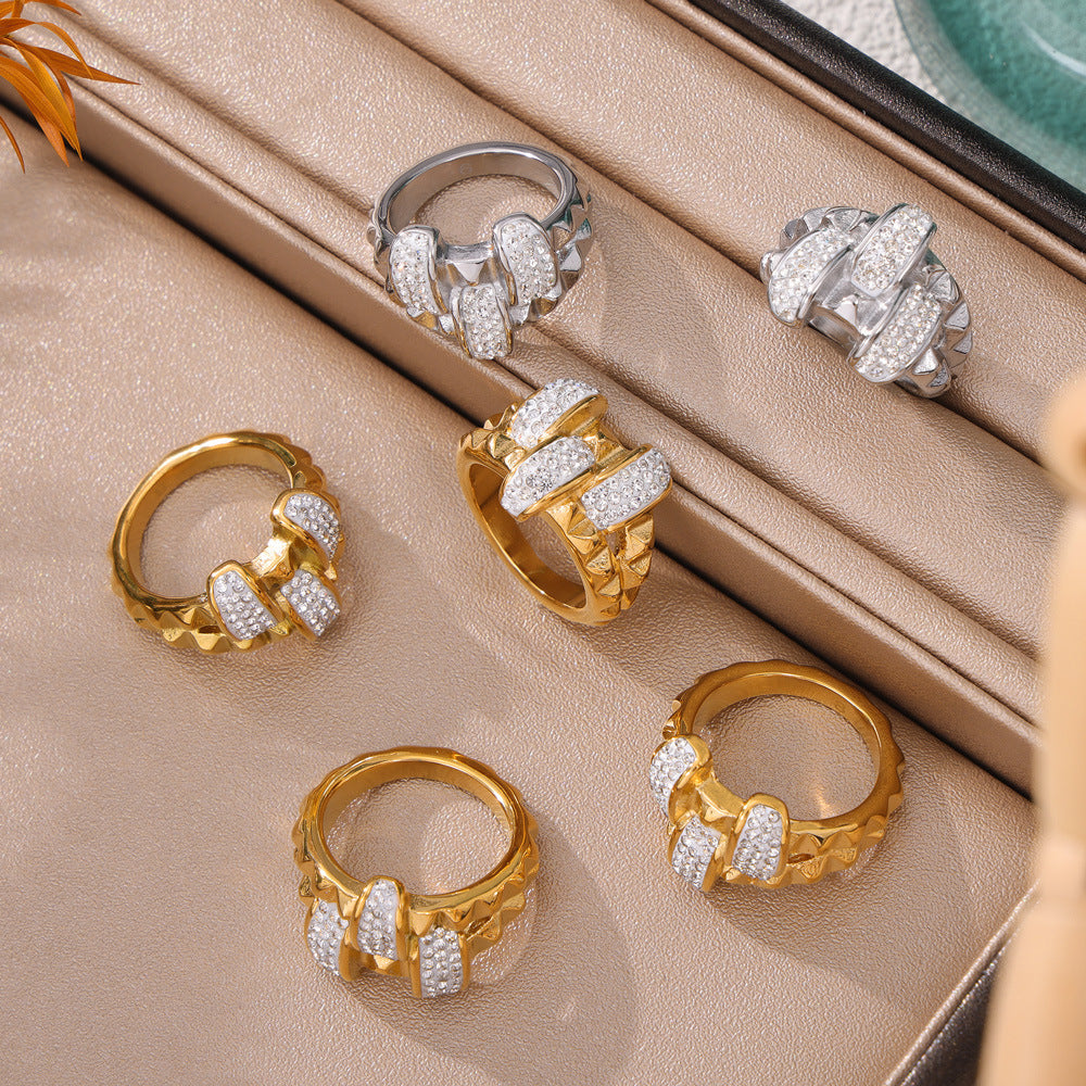 Golden Titanium Steel Double Ring with Geometric Zircon Detail