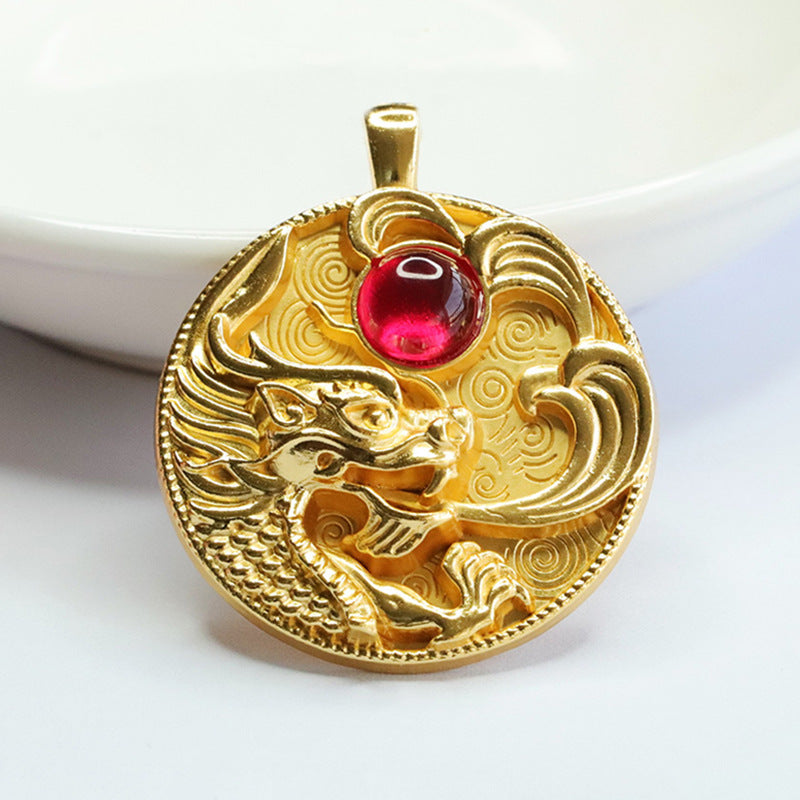 Lab-Grown Ruby Leaping Dragon Pendant — No Chain