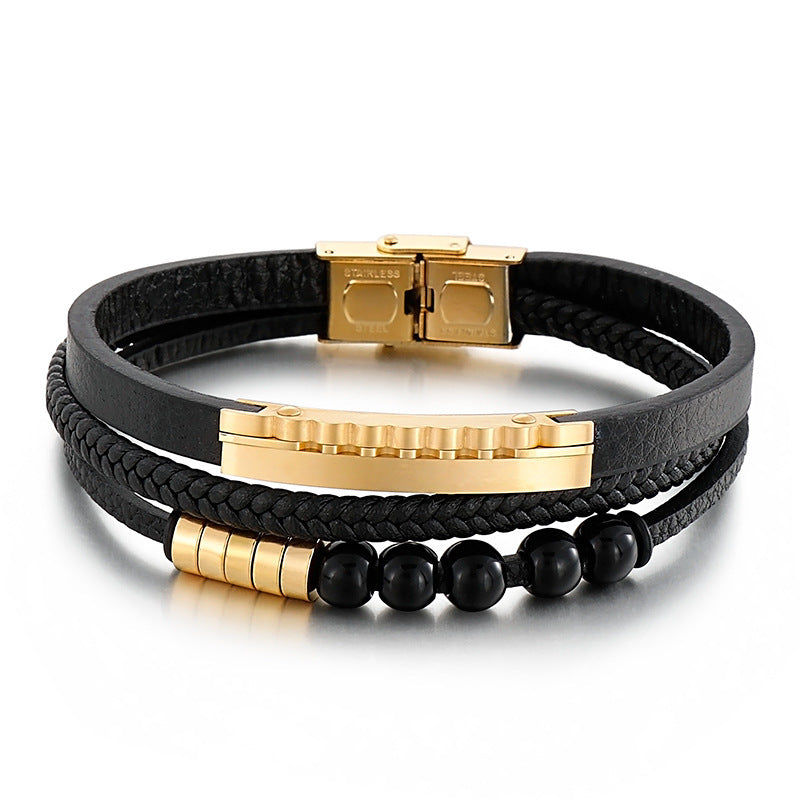 Planderful Mens Personalized Woven Leather Beaded Bracelet