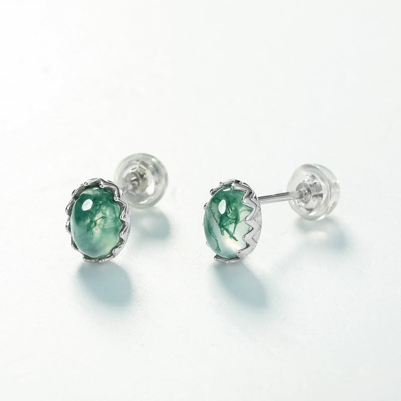 S925 Sterling Silver Moss Agate Minimalist Stud Earrings