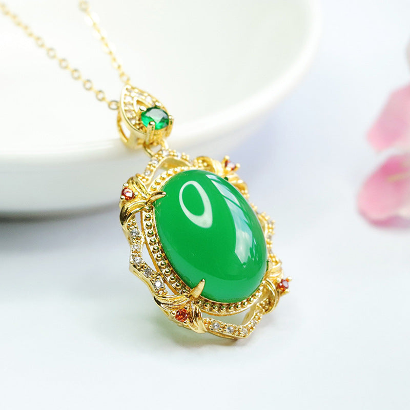 Green Chalcedony Pendant Necklace with Vintage Zircon Accent - Women's