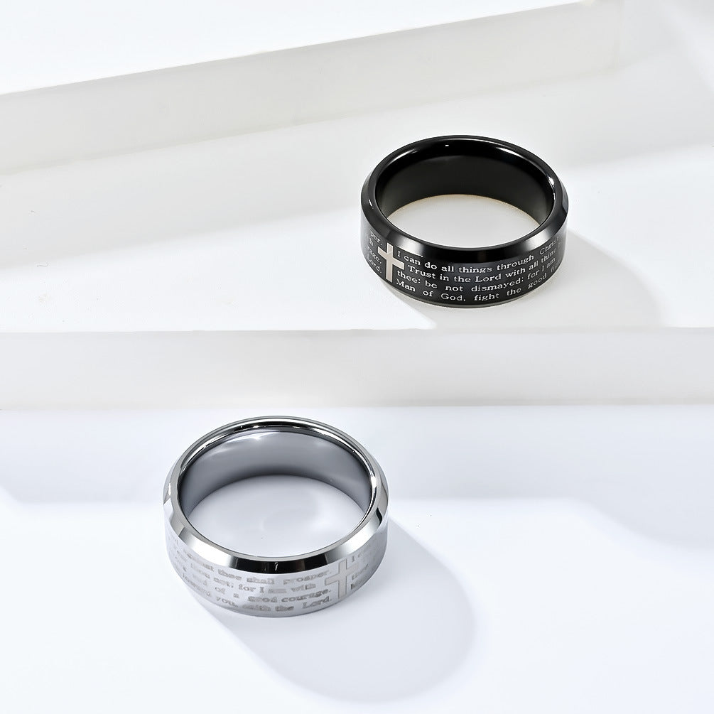 Tungsten Carbide Steel Laser Cross Scripture Ring for Men