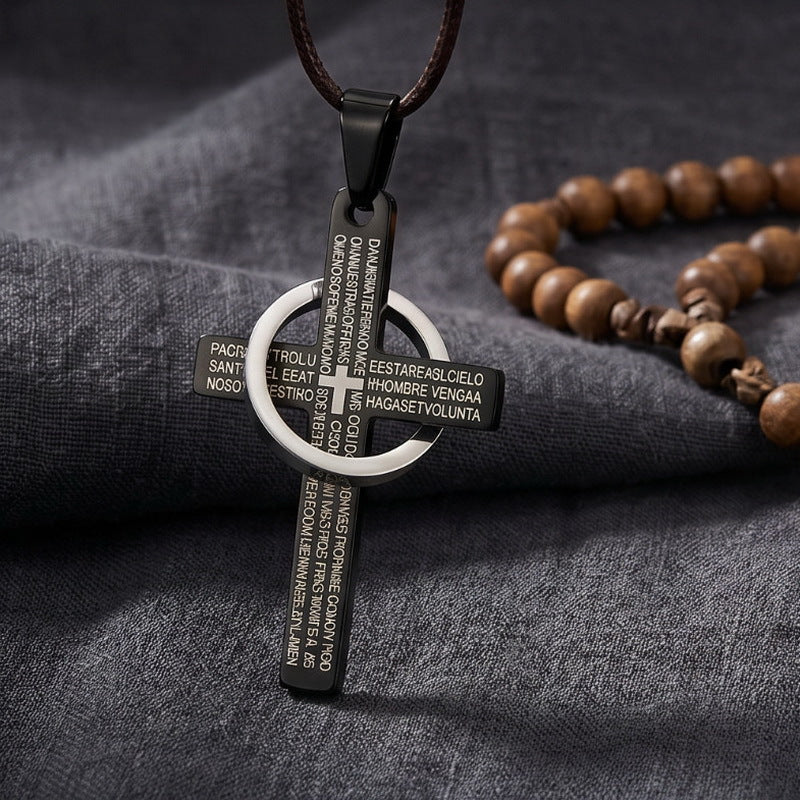 English Cross Pendant, Punk Retro Ring Cross Stainless Steel Men's Necklace